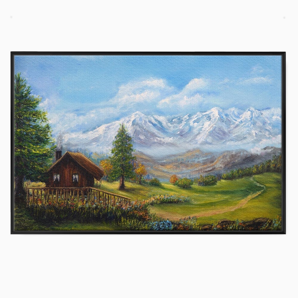 Tablou Canvas Premium LuxCanva® A1105, Cabana La Munte , Peisaj, Natura, Flori, Culori Vibrante