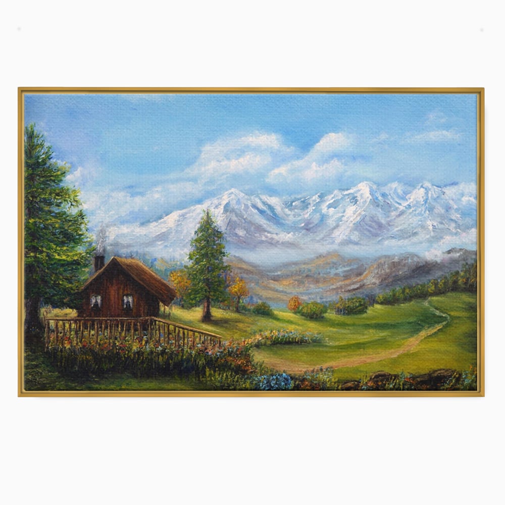 Tablou Canvas Premium LuxCanva® A1105, Cabana La Munte , Peisaj, Natura, Flori, Culori Vibrante
