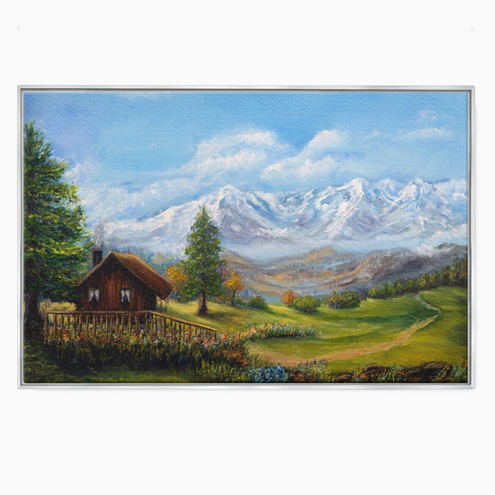 Tablou Canvas Premium LuxCanva® A1105, Cabana La Munte , Peisaj, Natura, Flori, Culori Vibrante