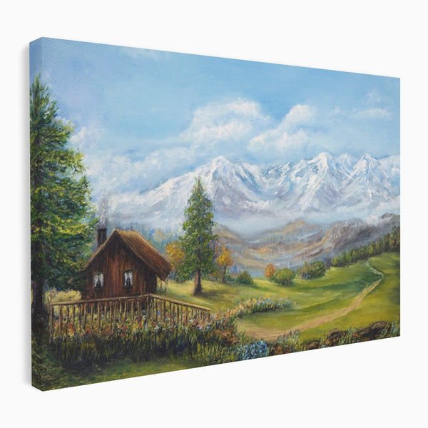 Tablou Canvas Premium LuxCanva® A1105, Cabana La Munte , Peisaj, Natura, Flori, Culori Vibrante