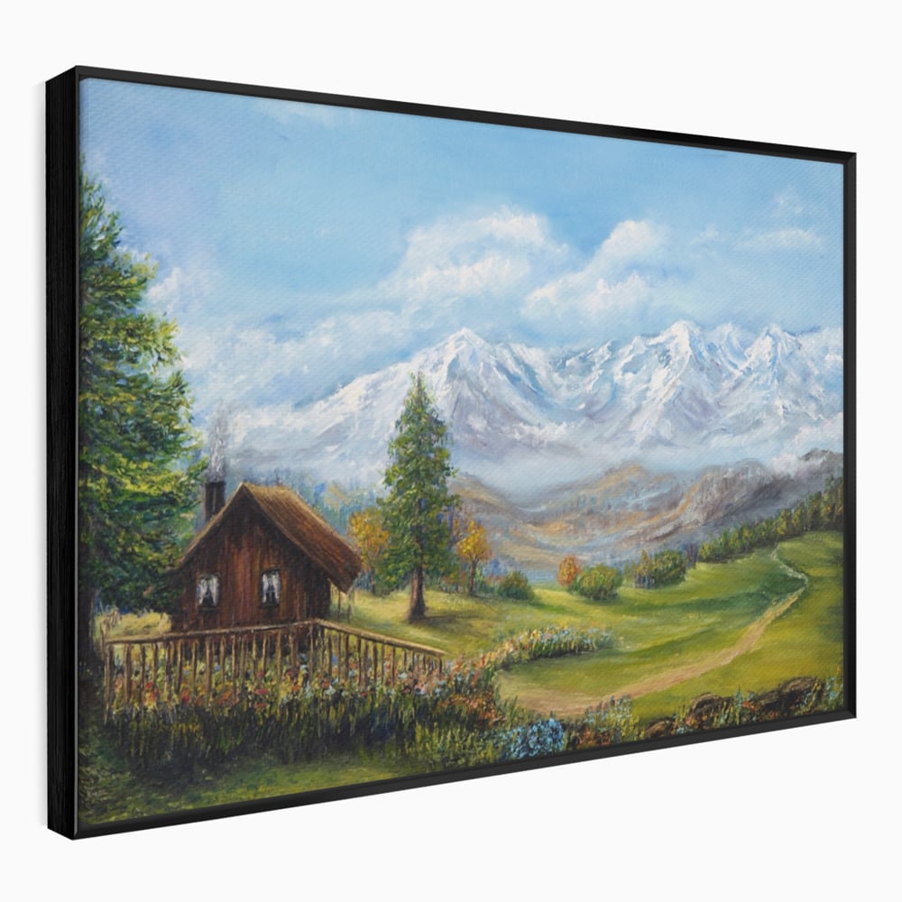 Tablou Canvas Premium LuxCanva® A1105, Cabana La Munte , Peisaj, Natura, Flori, Culori Vibrante