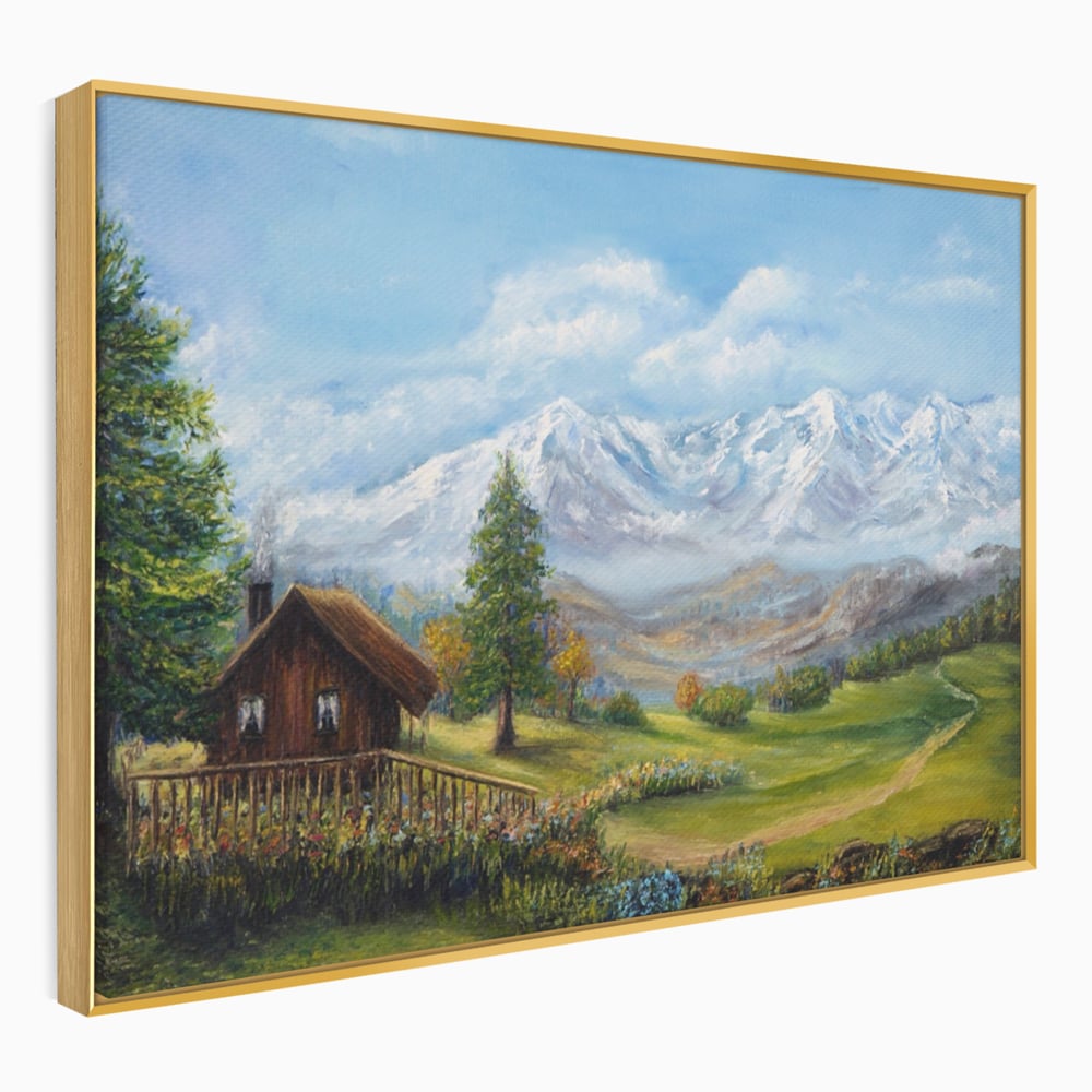 Tablou Canvas Premium LuxCanva® A1105, Cabana La Munte , Peisaj, Natura, Flori, Culori Vibrante
