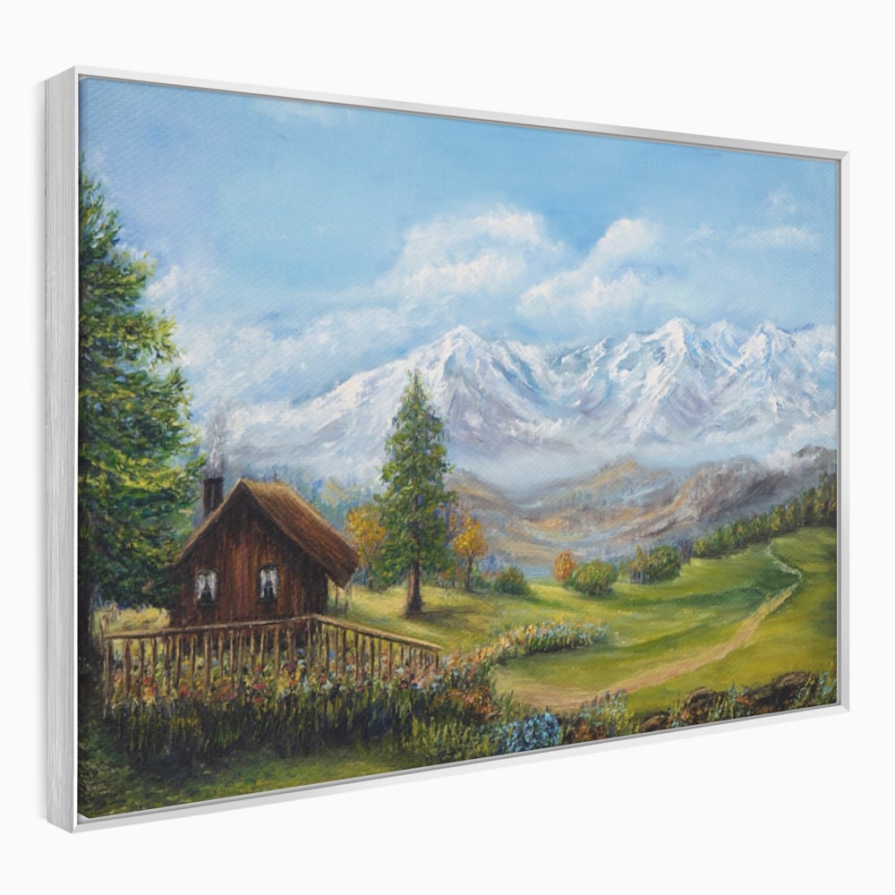 Tablou Canvas Premium LuxCanva® A1105, Cabana La Munte , Peisaj, Natura, Flori, Culori Vibrante