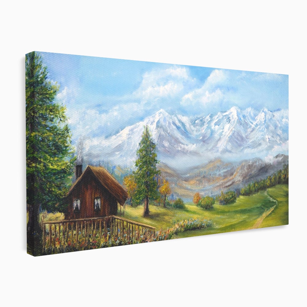 Tablou Canvas Premium LuxCanva® A1105, Cabana La Munte , Peisaj, Natura, Flori, Culori Vibrante