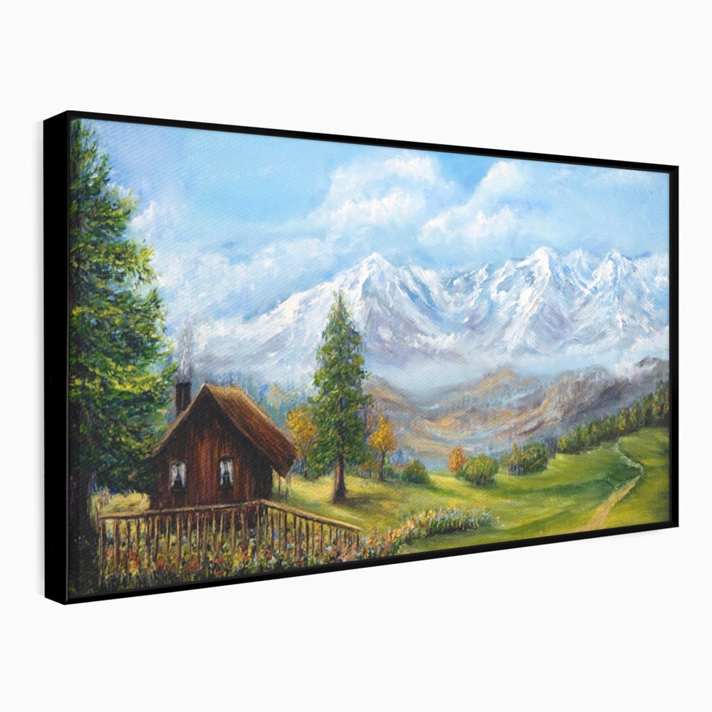 Tablou Canvas Premium LuxCanva® A1105, Cabana La Munte , Peisaj, Natura, Flori, Culori Vibrante