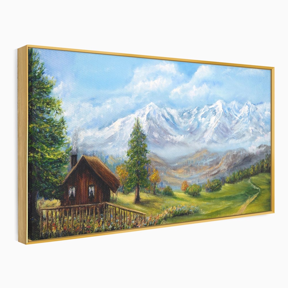 Tablou Canvas Premium LuxCanva® A1105, Cabana La Munte , Peisaj, Natura, Flori, Culori Vibrante