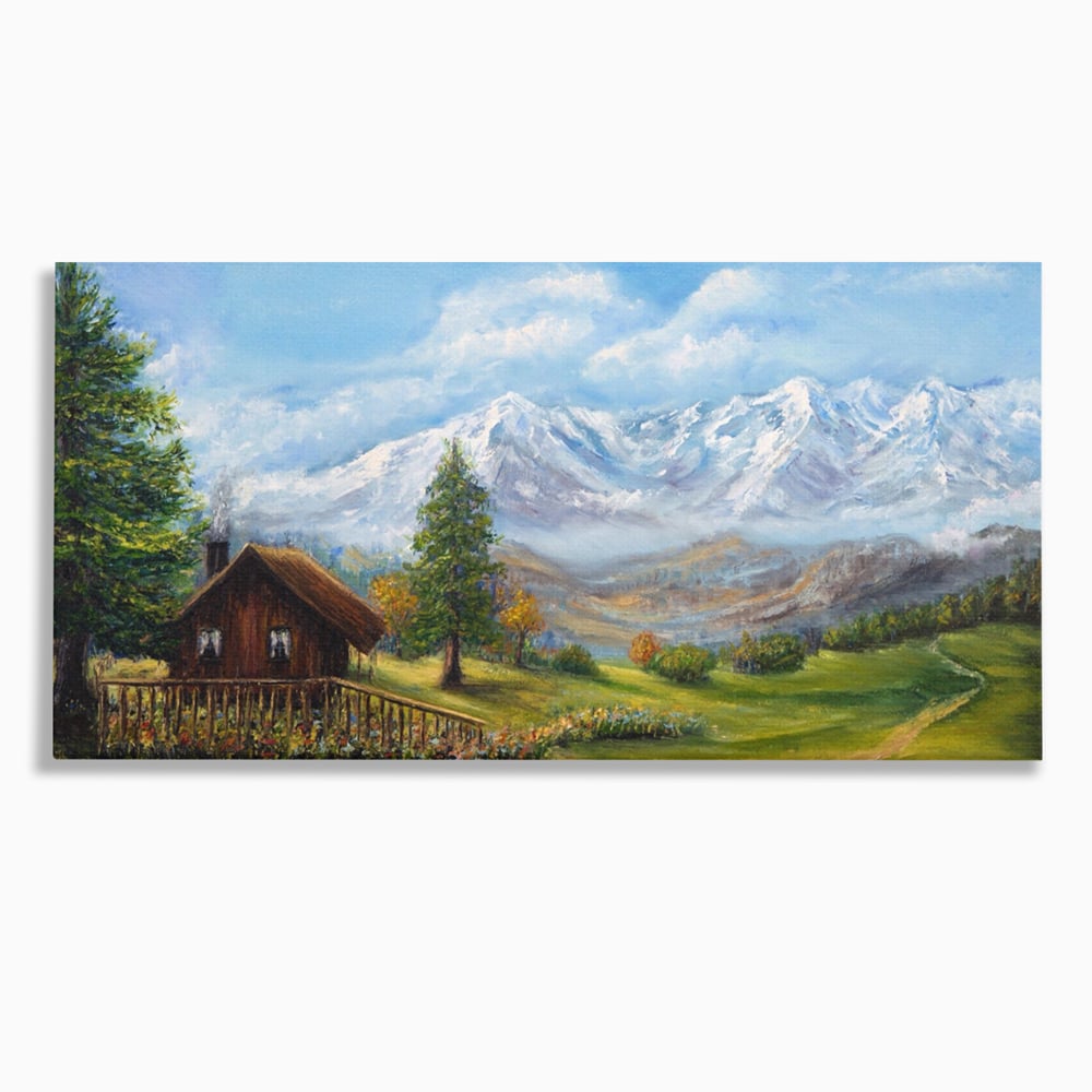 Tablou Canvas Premium LuxCanva® A1105, Cabana La Munte , Peisaj, Natura, Flori, Culori Vibrante