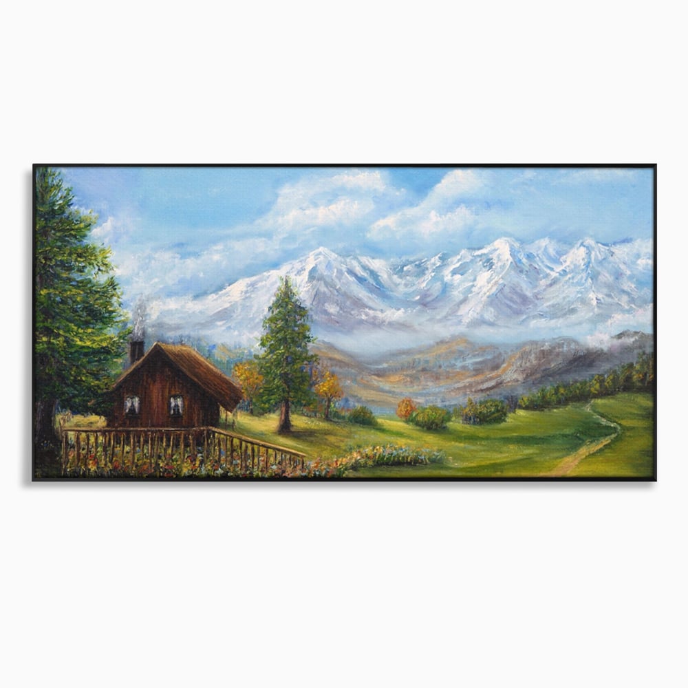 Tablou Canvas Premium LuxCanva® A1105, Cabana La Munte , Peisaj, Natura, Flori, Culori Vibrante