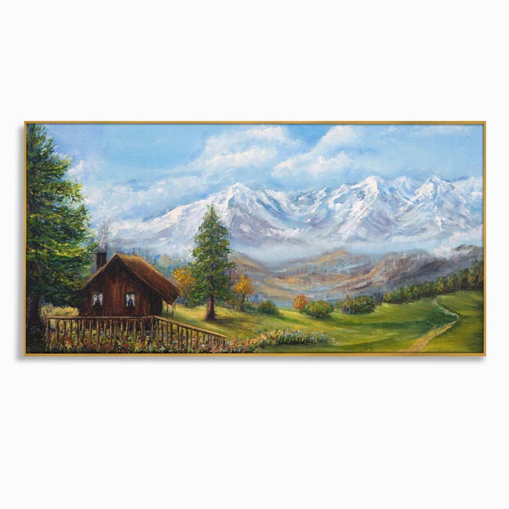 Tablou Canvas Premium LuxCanva® A1105, Cabana La Munte , Peisaj, Natura, Flori, Culori Vibrante