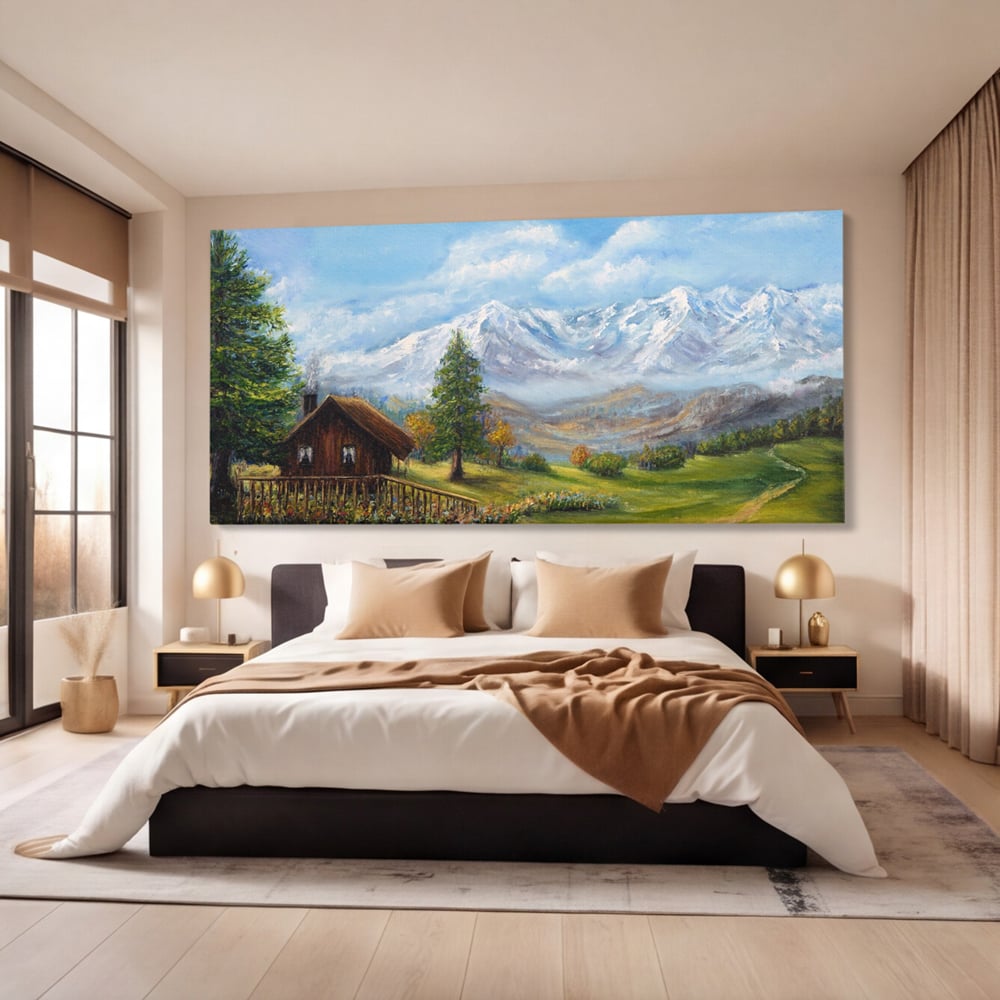 Tablou Canvas Premium LuxCanva® A1105, Cabana La Munte , Peisaj, Natura, Flori, Culori Vibrante