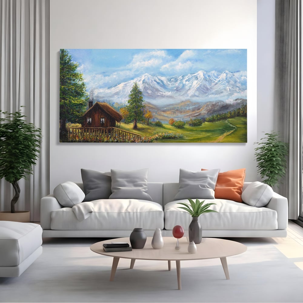Tablou Canvas Premium LuxCanva® A1105, Cabana La Munte , Peisaj, Natura, Flori, Culori Vibrante