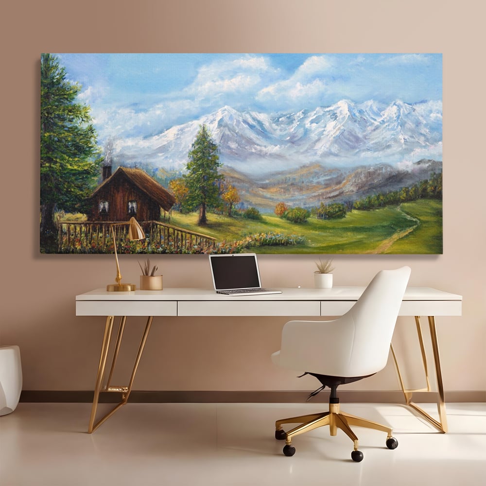 Tablou Canvas Premium LuxCanva® A1105, Cabana La Munte , Peisaj, Natura, Flori, Culori Vibrante