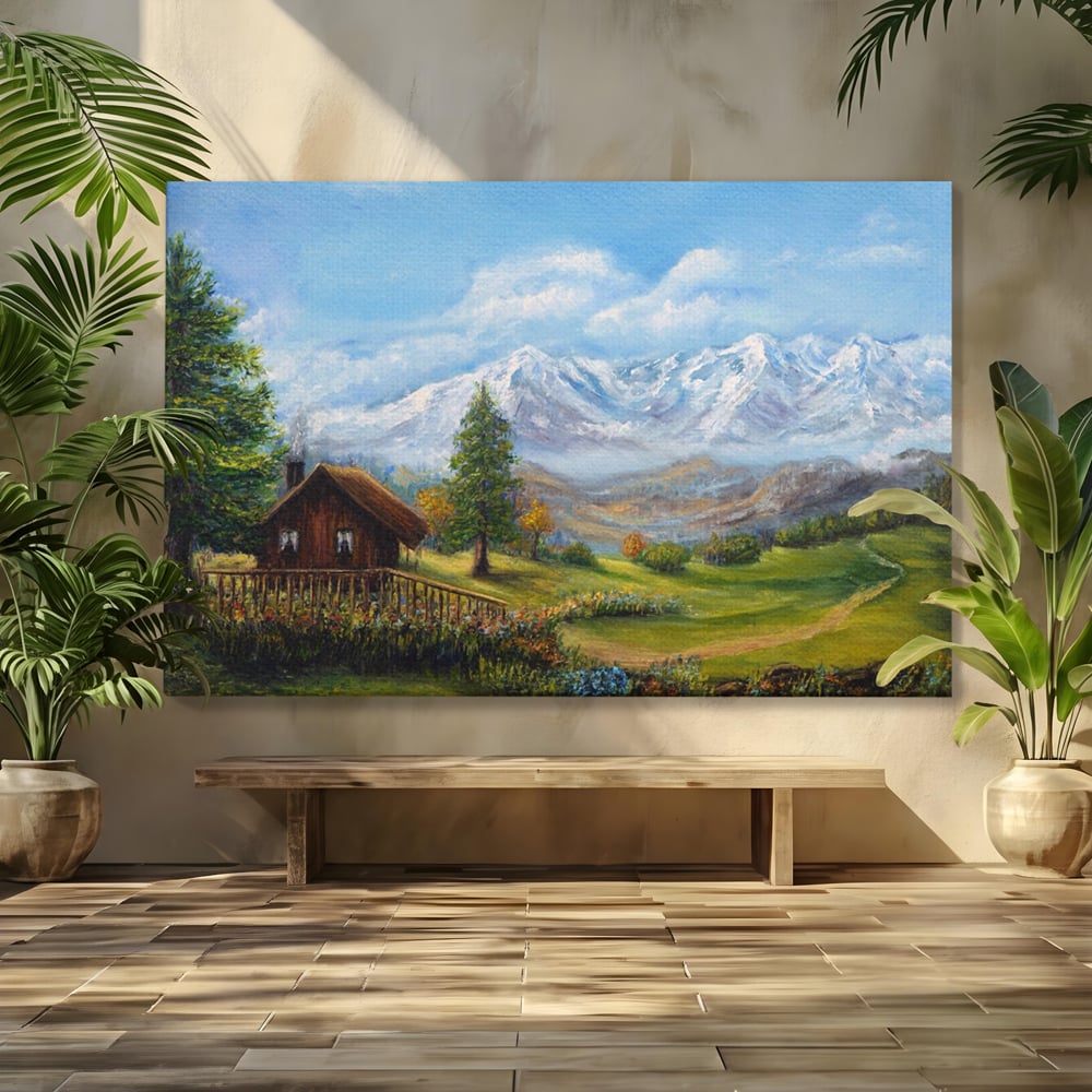 Tablou Canvas Premium LuxCanva® A1105, Cabana La Munte , Peisaj, Natura, Flori, Culori Vibrante