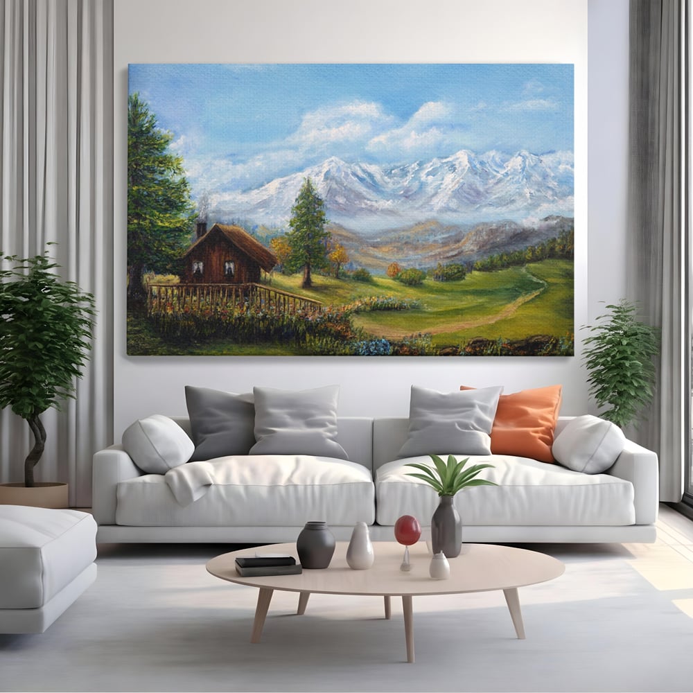 Tablou Canvas Premium LuxCanva® A1105, Cabana La Munte , Peisaj, Natura, Flori, Culori Vibrante