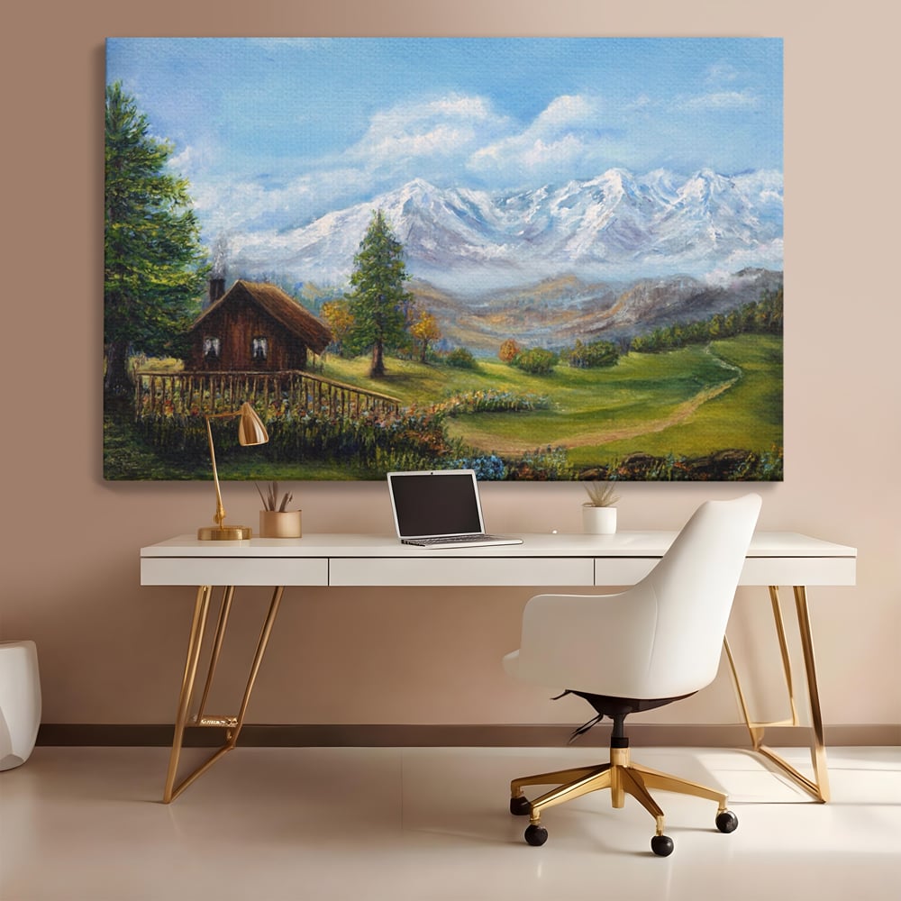 Tablou Canvas Premium LuxCanva® A1105, Cabana La Munte , Peisaj, Natura, Flori, Culori Vibrante
