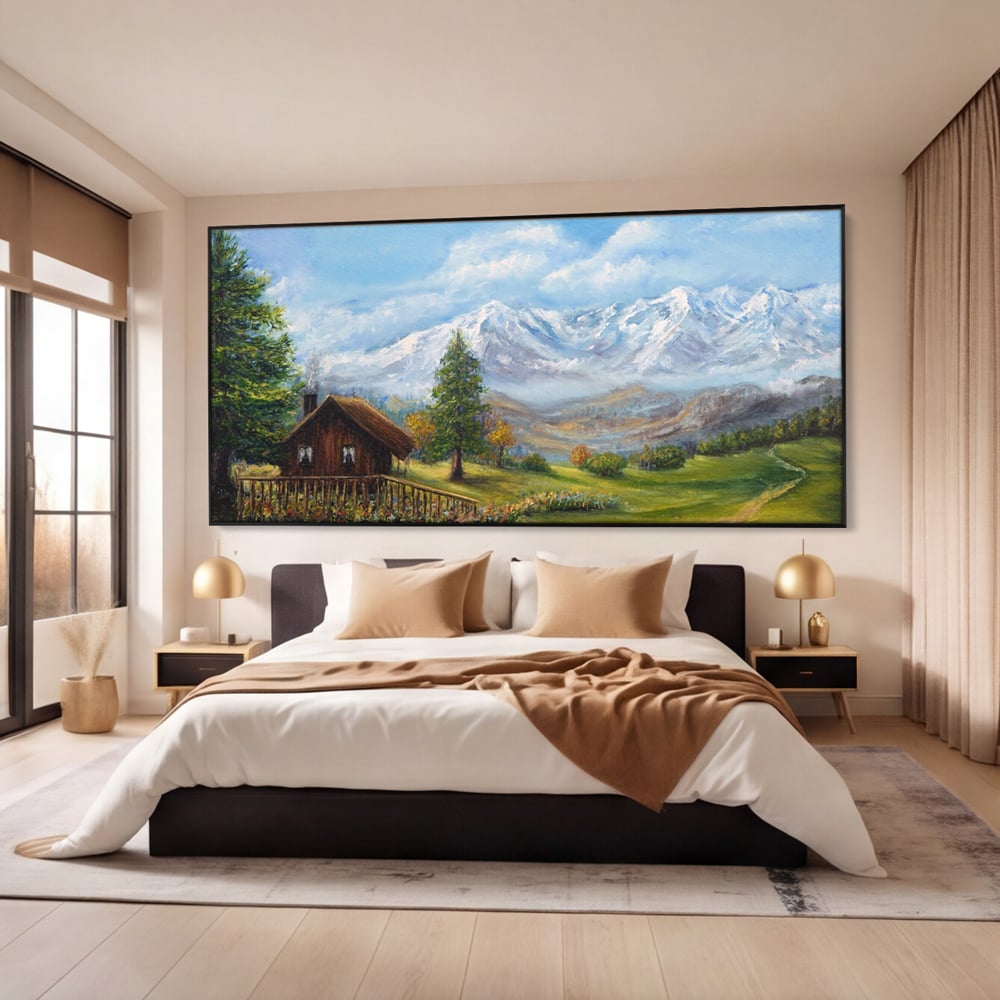 Tablou Canvas Premium LuxCanva® A1105, Cabana La Munte , Peisaj, Natura, Flori, Culori Vibrante