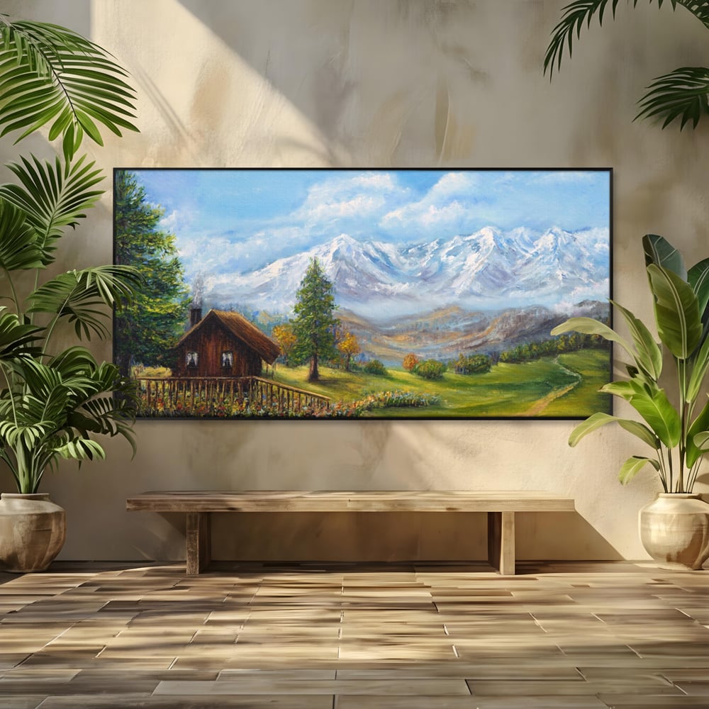 Tablou Canvas Premium LuxCanva® A1105, Cabana La Munte , Peisaj, Natura, Flori, Culori Vibrante