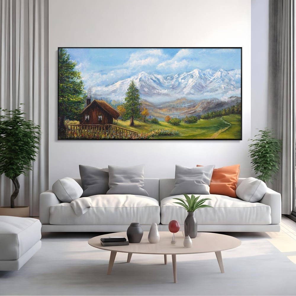 Tablou Canvas Premium LuxCanva® A1105, Cabana La Munte , Peisaj, Natura, Flori, Culori Vibrante