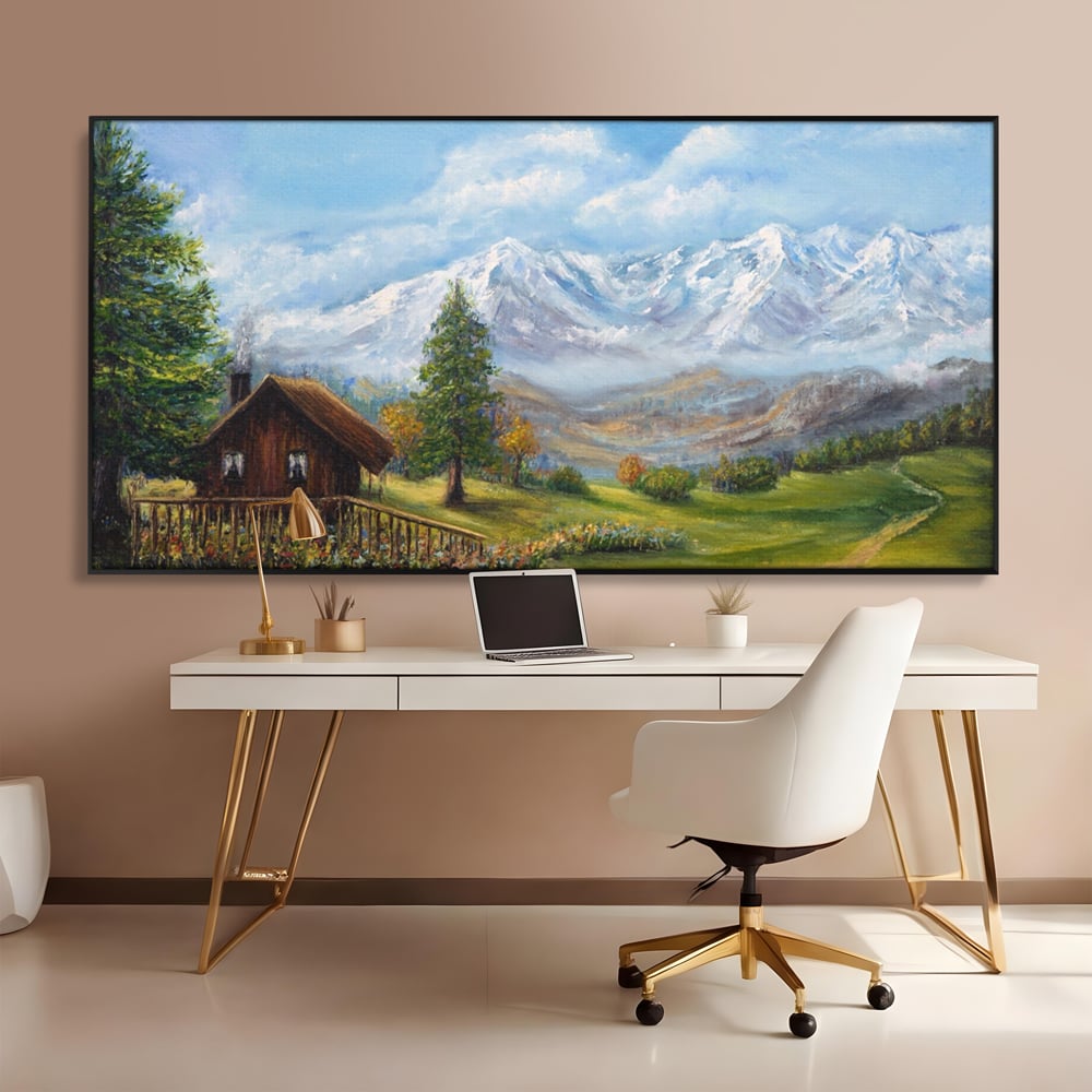 Tablou Canvas Premium LuxCanva® A1105, Cabana La Munte , Peisaj, Natura, Flori, Culori Vibrante