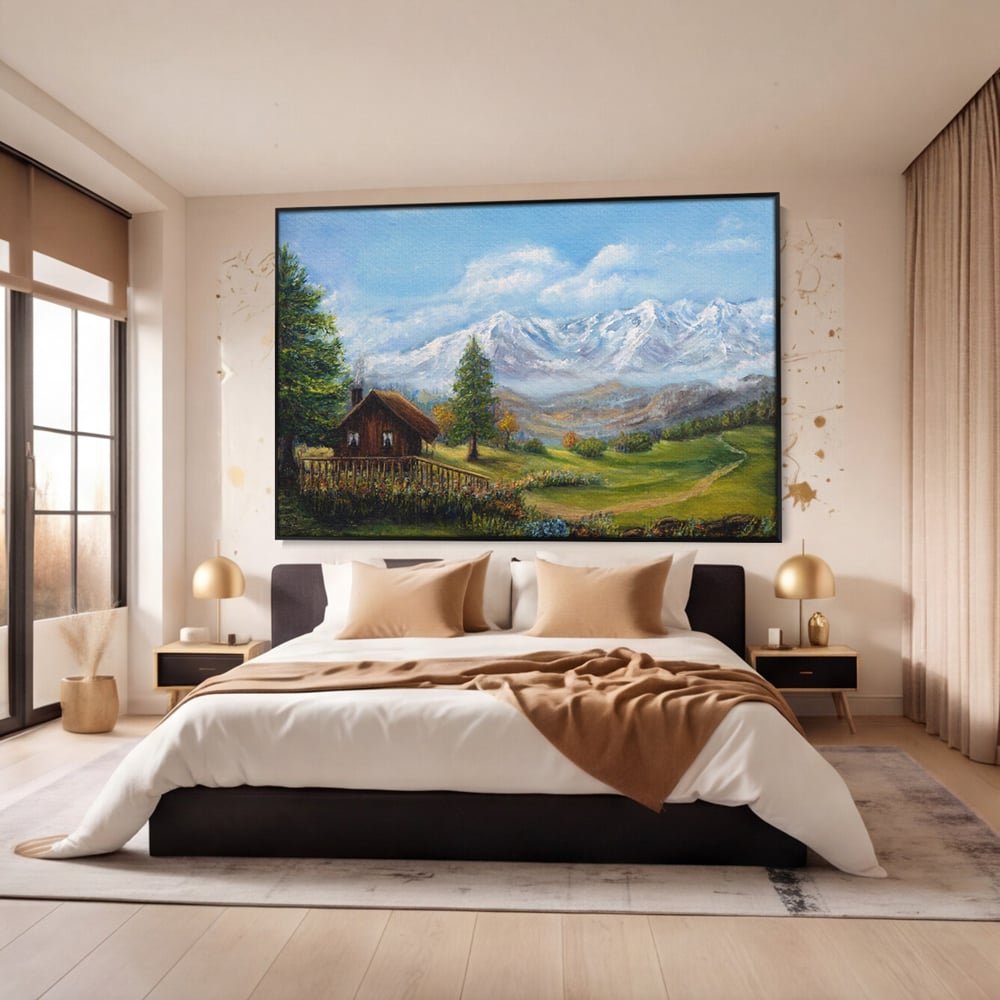 Tablou Canvas Premium LuxCanva® A1105, Cabana La Munte , Peisaj, Natura, Flori, Culori Vibrante