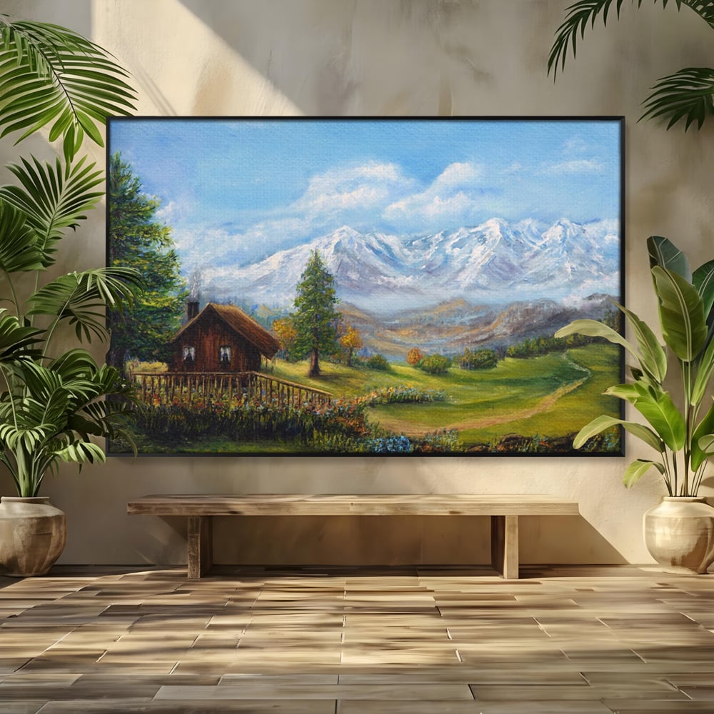 Tablou Canvas Premium LuxCanva® A1105, Cabana La Munte , Peisaj, Natura, Flori, Culori Vibrante