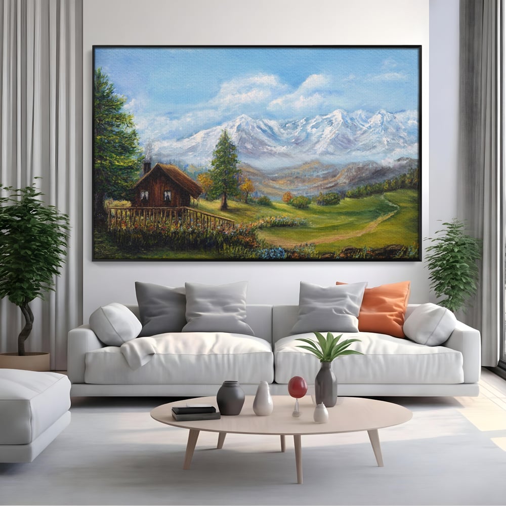Tablou Canvas Premium LuxCanva® A1105, Cabana La Munte , Peisaj, Natura, Flori, Culori Vibrante