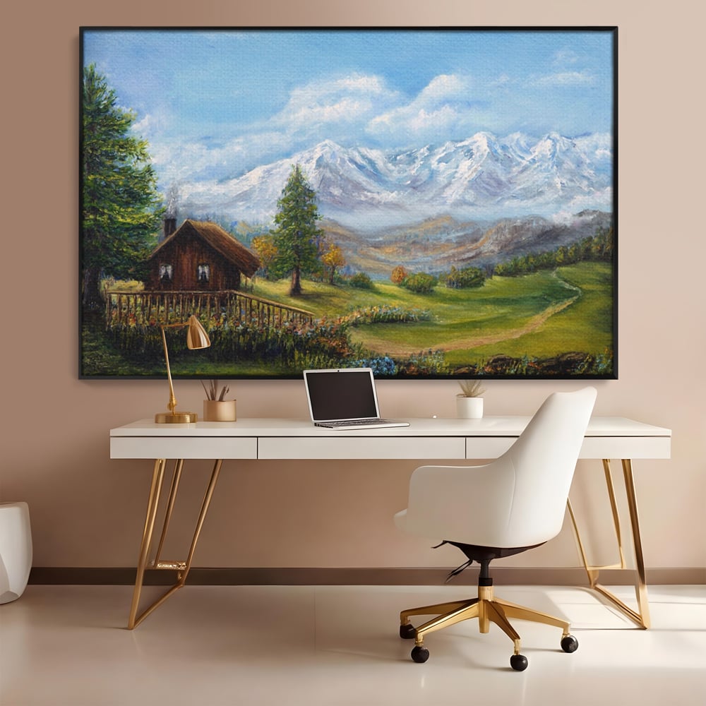 Tablou Canvas Premium LuxCanva® A1105, Cabana La Munte , Peisaj, Natura, Flori, Culori Vibrante