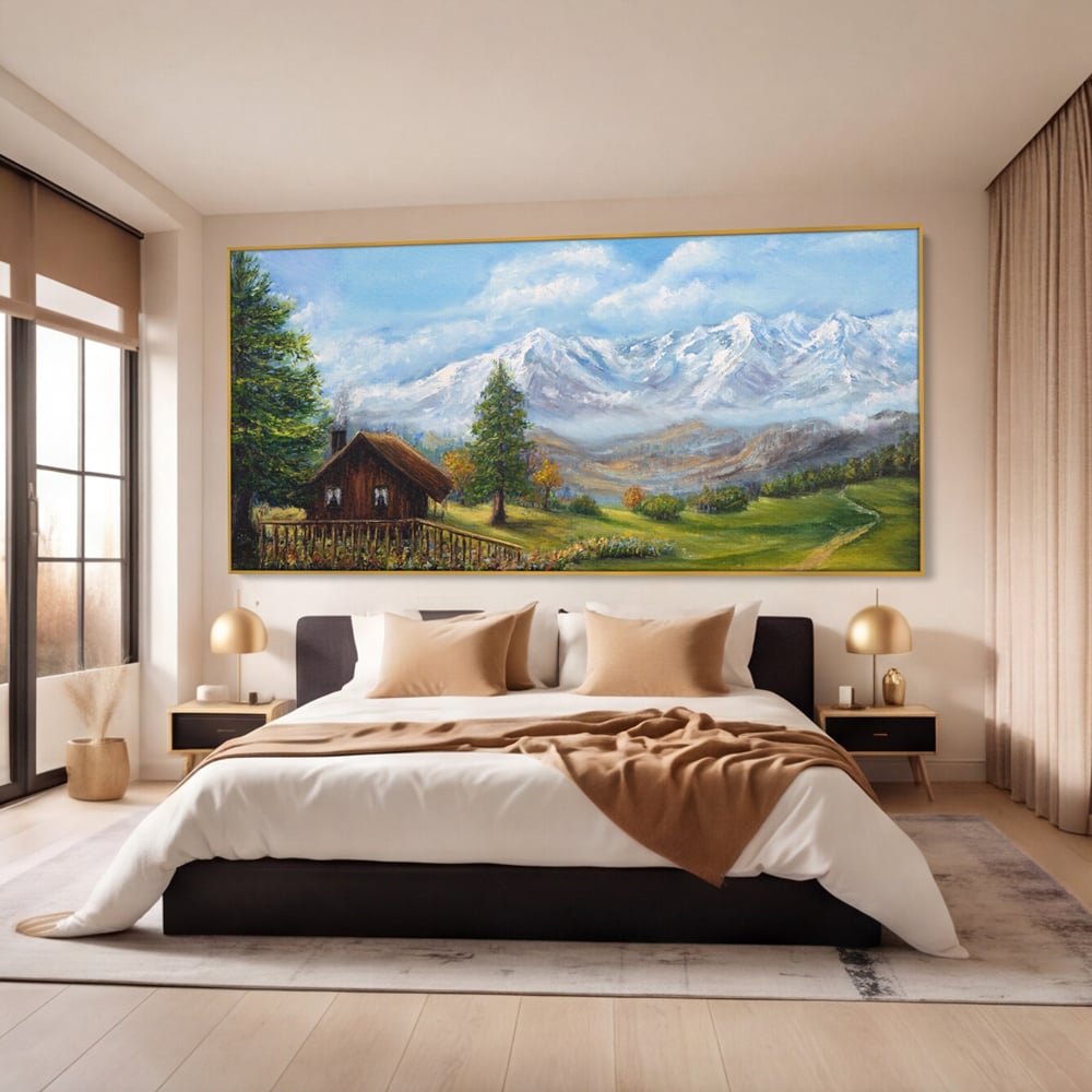 Tablou Canvas Premium LuxCanva® A1105, Cabana La Munte , Peisaj, Natura, Flori, Culori Vibrante