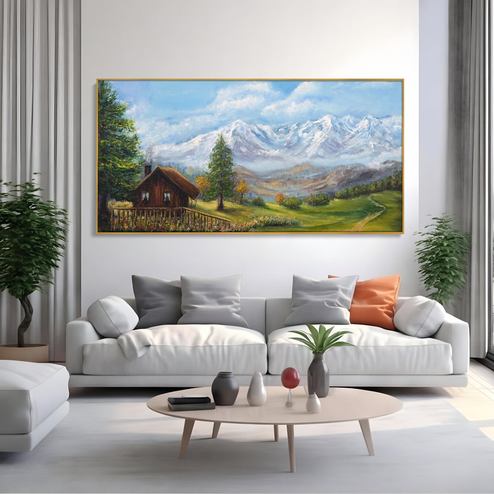 Tablou Canvas Premium LuxCanva® A1105, Cabana La Munte , Peisaj, Natura, Flori, Culori Vibrante