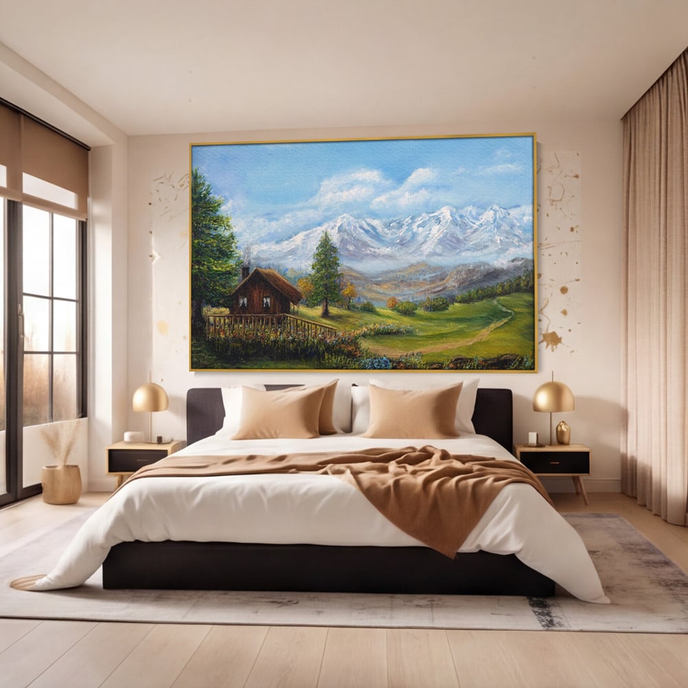 Tablou Canvas Premium LuxCanva® A1105, Cabana La Munte , Peisaj, Natura, Flori, Culori Vibrante