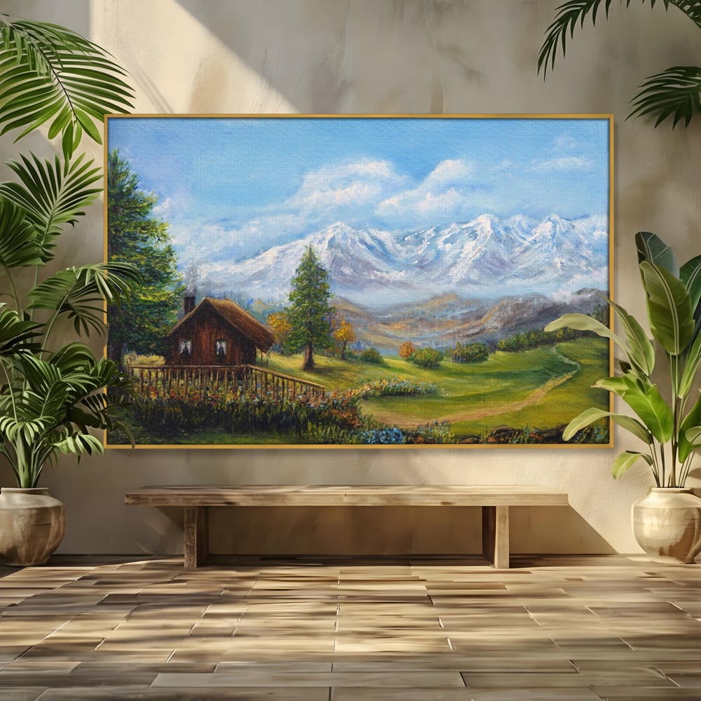 Tablou Canvas Premium LuxCanva® A1105, Cabana La Munte , Peisaj, Natura, Flori, Culori Vibrante