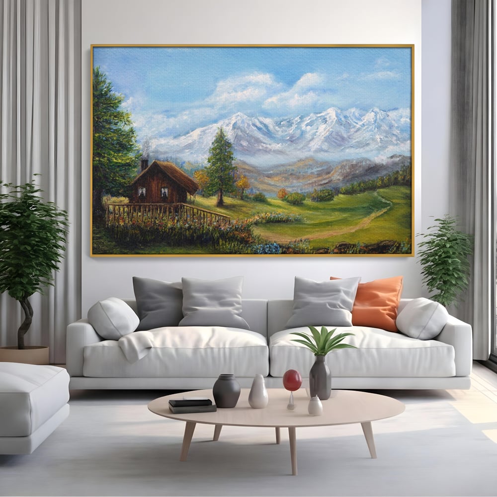 Tablou Canvas Premium LuxCanva® A1105, Cabana La Munte , Peisaj, Natura, Flori, Culori Vibrante