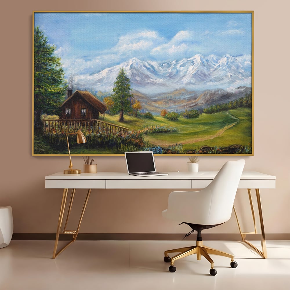 Tablou Canvas Premium LuxCanva® A1105, Cabana La Munte , Peisaj, Natura, Flori, Culori Vibrante