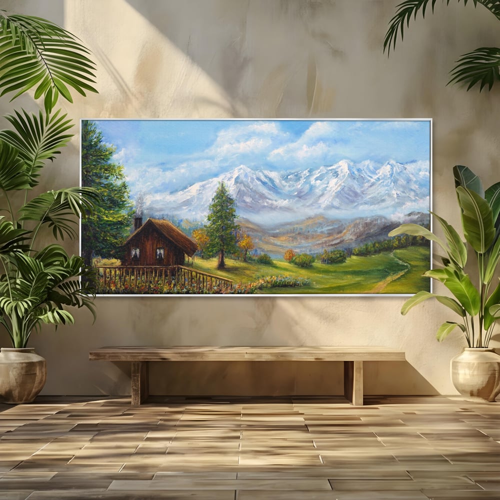 Tablou Canvas Premium LuxCanva® A1105, Cabana La Munte , Peisaj, Natura, Flori, Culori Vibrante
