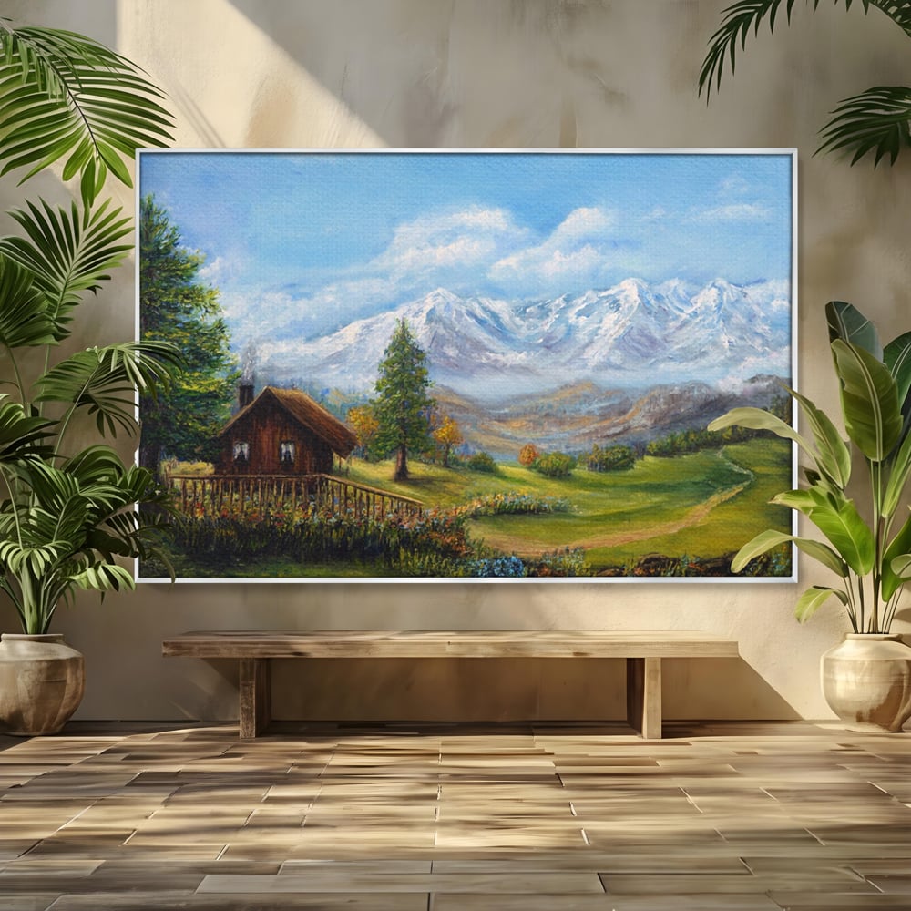 Tablou Canvas Premium LuxCanva® A1105, Cabana La Munte , Peisaj, Natura, Flori, Culori Vibrante