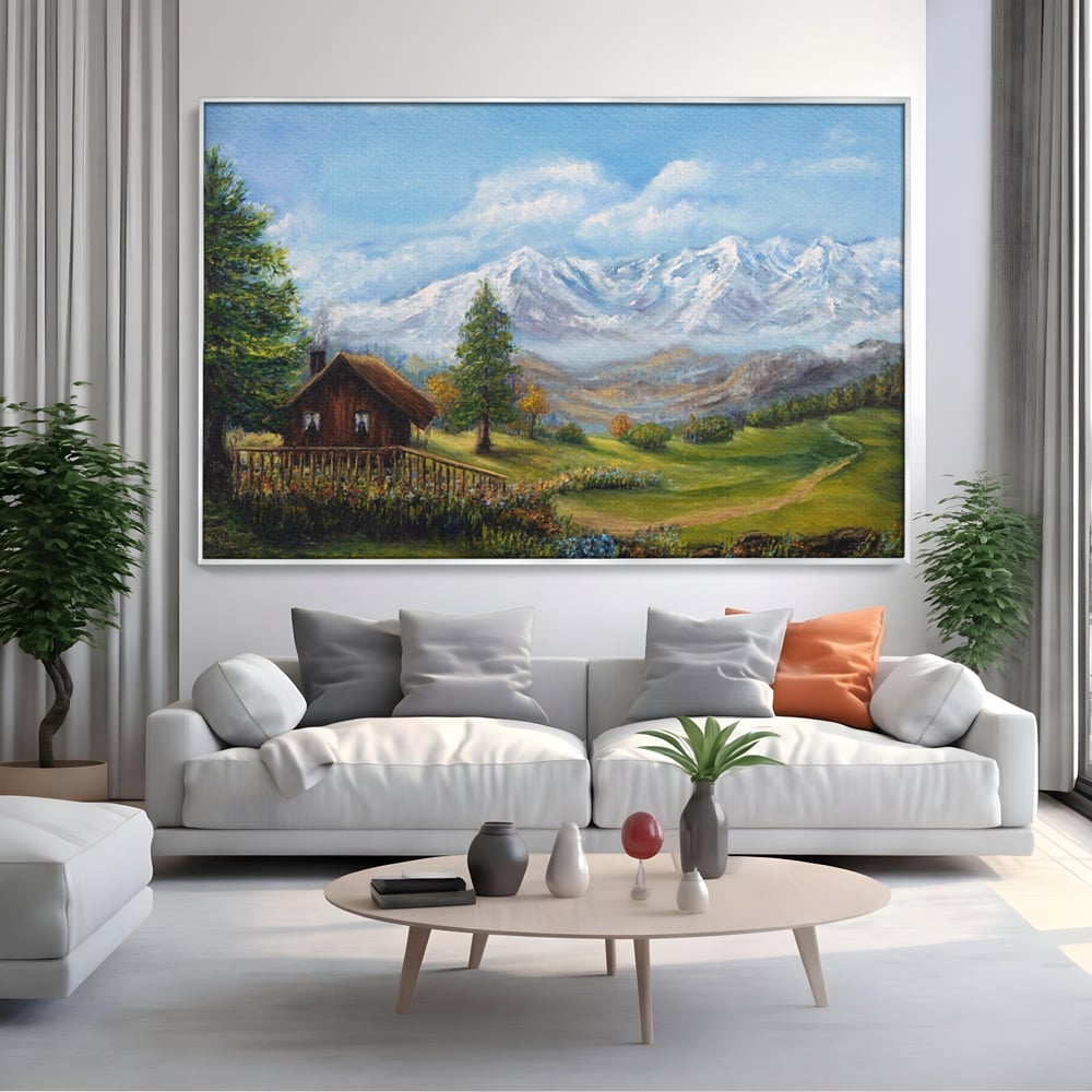 Tablou Canvas Premium LuxCanva® A1105, Cabana La Munte , Peisaj, Natura, Flori, Culori Vibrante