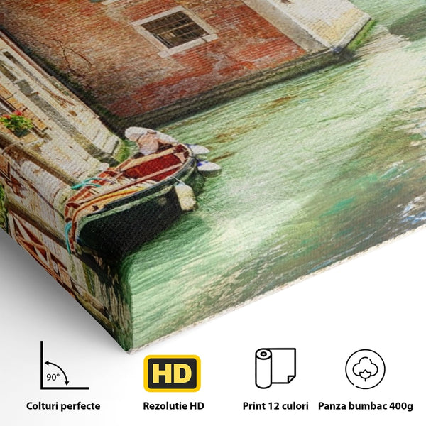 Tablou Canvas Premium LuxCanva® A1106, Prin Venetia , Gondola, Barca, Plimbare, Case, Culori Vibrante