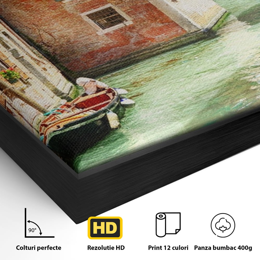 Tablou Canvas Premium LuxCanva® A1106, Prin Venetia , Gondola, Barca, Plimbare, Case, Culori Vibrante