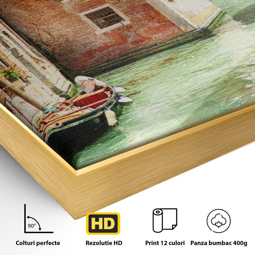 Tablou Canvas Premium LuxCanva® A1106, Prin Venetia , Gondola, Barca, Plimbare, Case, Culori Vibrante