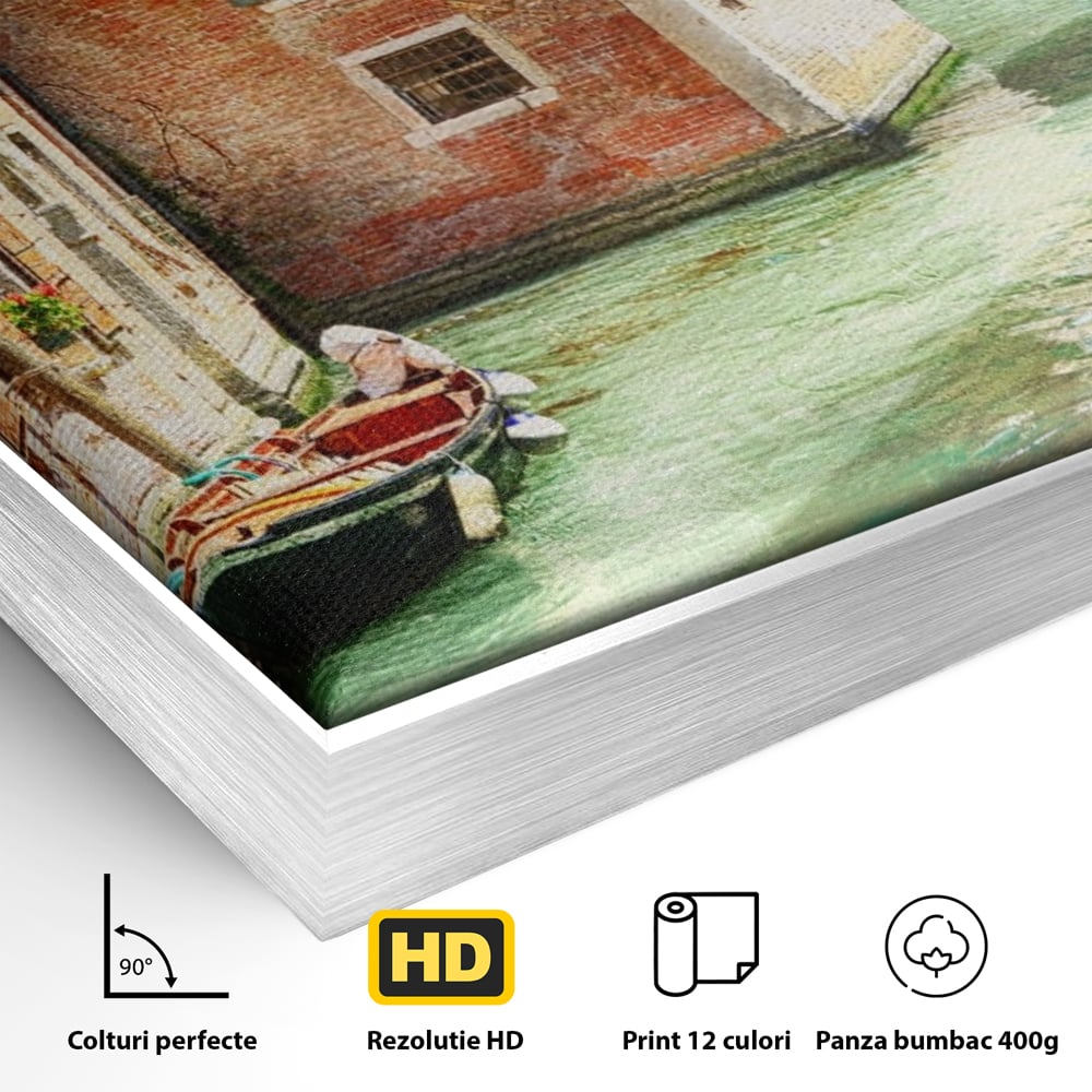 Tablou Canvas Premium LuxCanva® A1106, Prin Venetia , Gondola, Barca, Plimbare, Case, Culori Vibrante