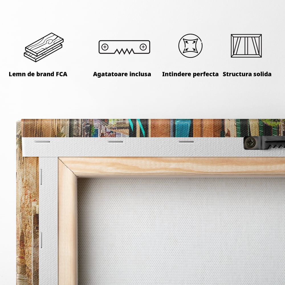 Tablou Canvas Premium LuxCanva® A1106, Prin Venetia , Gondola, Barca, Plimbare, Case, Culori Vibrante