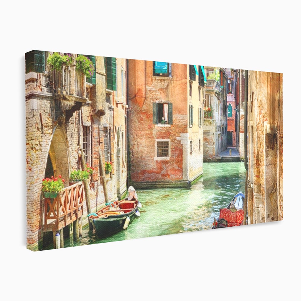 Tablou Canvas Premium LuxCanva® A1106, Prin Venetia , Gondola, Barca, Plimbare, Case, Culori Vibrante
