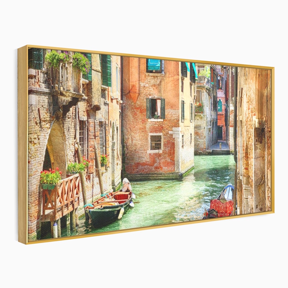 Tablou Canvas Premium LuxCanva® A1106, Prin Venetia , Gondola, Barca, Plimbare, Case, Culori Vibrante