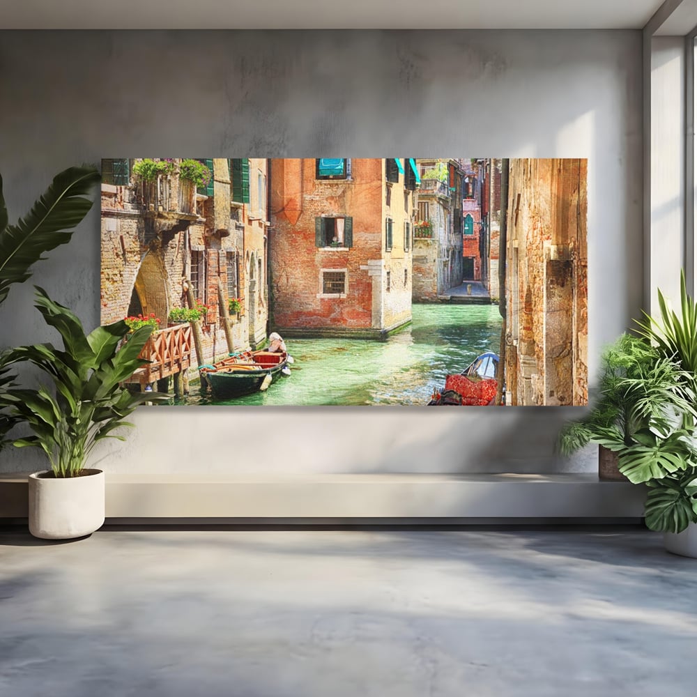 Tablou Canvas Premium LuxCanva® A1106, Prin Venetia , Gondola, Barca, Plimbare, Case, Culori Vibrante