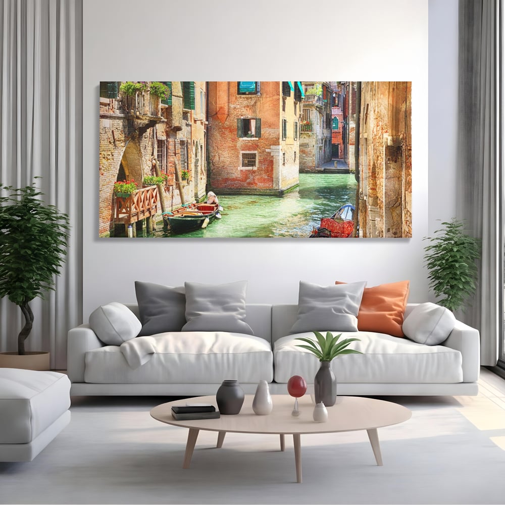 Tablou Canvas Premium LuxCanva® A1106, Prin Venetia , Gondola, Barca, Plimbare, Case, Culori Vibrante