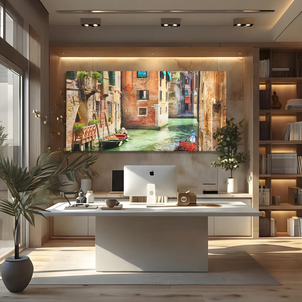 Tablou Canvas Premium LuxCanva® A1106, Prin Venetia , Gondola, Barca, Plimbare, Case, Culori Vibrante