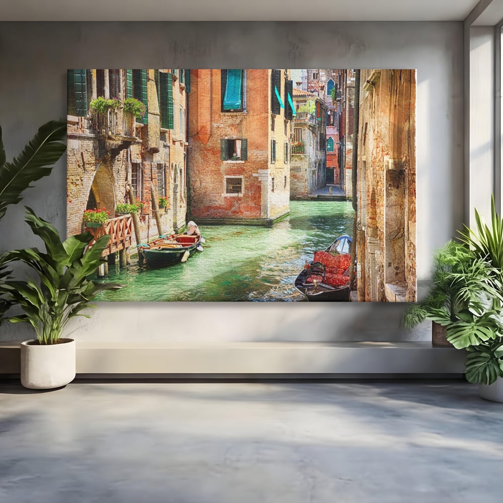 Tablou Canvas Premium LuxCanva® A1106, Prin Venetia , Gondola, Barca, Plimbare, Case, Culori Vibrante