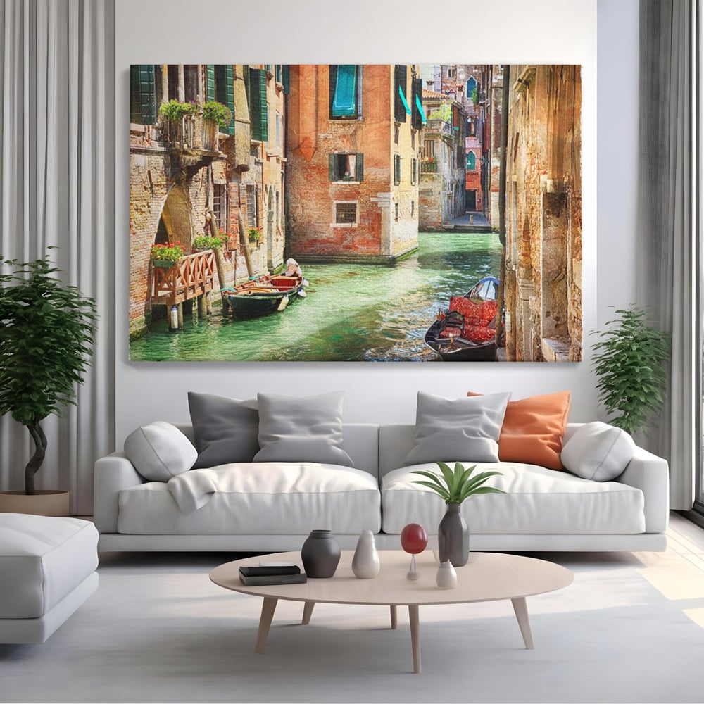 Tablou Canvas Premium LuxCanva® A1106, Prin Venetia , Gondola, Barca, Plimbare, Case, Culori Vibrante