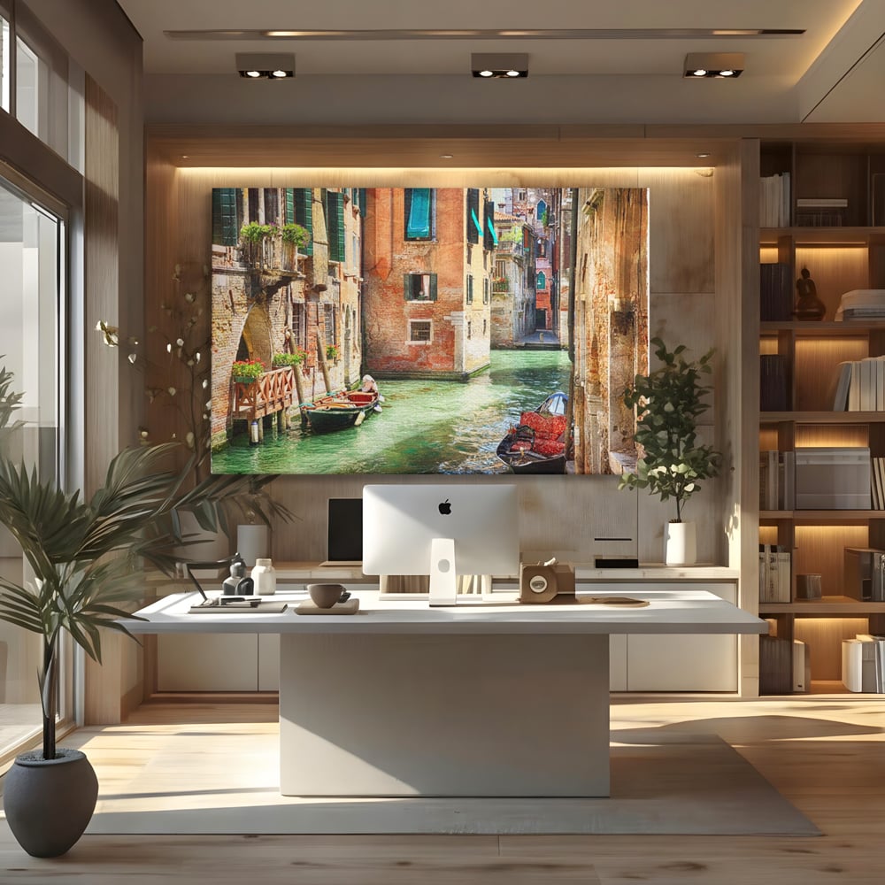 Tablou Canvas Premium LuxCanva® A1106, Prin Venetia , Gondola, Barca, Plimbare, Case, Culori Vibrante