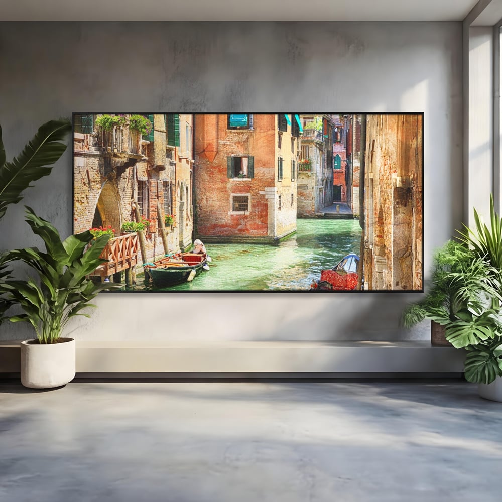 Tablou Canvas Premium LuxCanva® A1106, Prin Venetia , Gondola, Barca, Plimbare, Case, Culori Vibrante